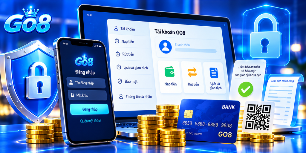 TRANG CHỦ 23 Giao diện quản lý tài khoản GO8 với chức năng đăng nhập, bảo mật, nạp rút tiền và lịch sử giao dịch